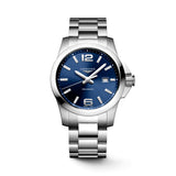 Front view of the Longines Conquest Men's 43mm Stainless Steel Quartz Watch L3.760.4.96.6, showing its sunray blue dial with applied Arabic numerals and indexes. The round stainless steel case is paired with a matching stainless steel bracelet and silvered polished hands.