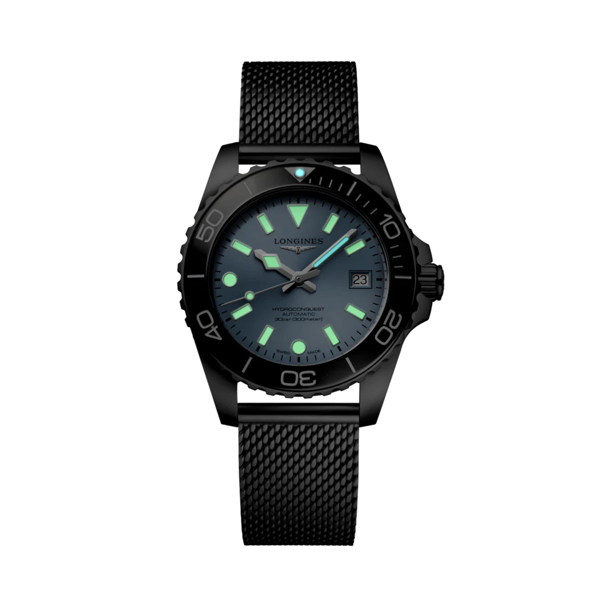 Longines HydroConquest L3.779.4.99.6 lume shot, showing the Swiss Super-LumiNova illuminated hands and hour markers glowing in the dark. The strong, even lume coverage across all indexes and the minute hand confirms the watch's dive-ready legibility in low-light and underwater conditions.