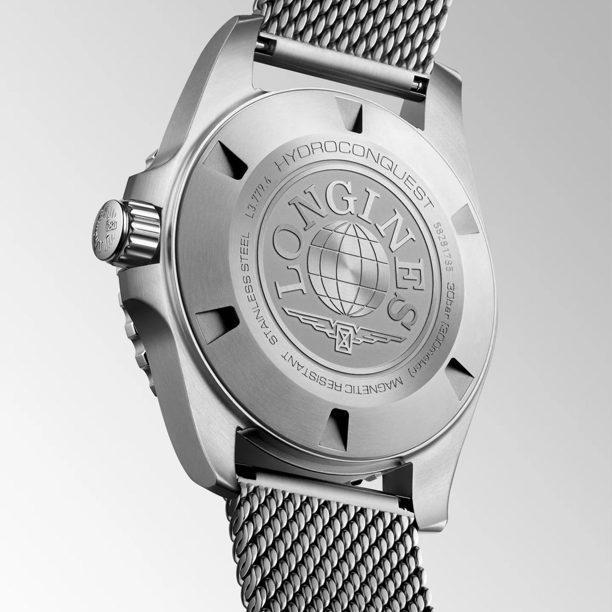 Detail view of the Longines HydroConquest 39mm case back, showing the precision-finished stainless steel construction and secure screw-down mechanism. This robust case architecture houses the calibre L888 automatic movement with its 72-hour power reserve and silicon balance-spring.