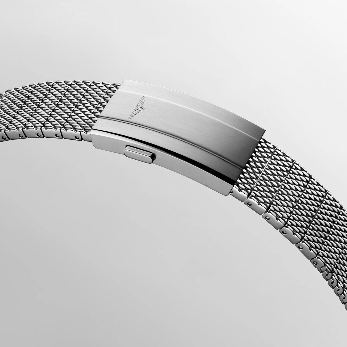 Detail shot of the Longines HydroConquest L3.779.4.99.6 mesh bracelet in polished stainless steel, showing the fine interlocking link construction. The mesh design offers a flexible, comfortable fit on the wrist while complementing the watch's contemporary sport aesthetic.