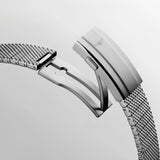 Close-up of the Longines HydroConquest double security folding clasp with micro-adjustment system on the mesh bracelet. The micro-adjustment feature allows precise sizing for comfort over a wetsuit or bare skin, making this an ideal companion for both water sports and daily wear.