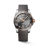 The Longines Hydro Conquest Automatic Men’s 41mm Watch L3.781.3.78.9 features a sunray grey dial with applied Arabic numerals, rose gold-tone hands and a date window at 3 o’clock.
