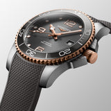 From this angle, the Longines Hydro Conquest Automatic Men’s 41mm Watch L3.781.3.78.9 shows the grey ceramic bezel, sunray dial and rose gold-tone accents together.