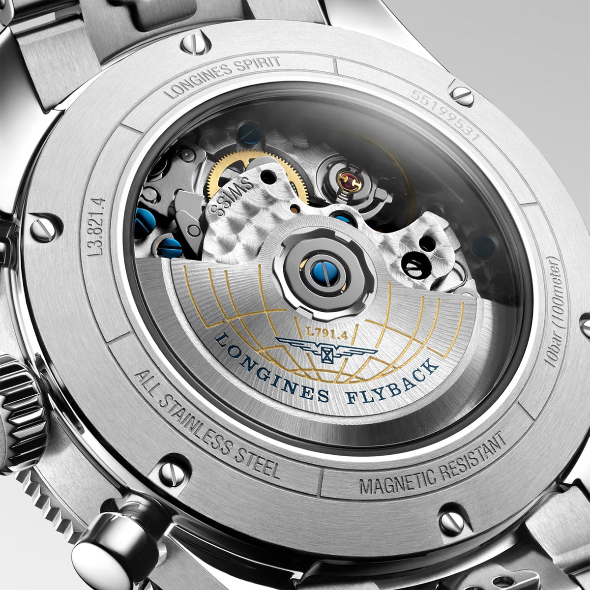 Back view of the Longines Spirit Flyback Automatic Chronograph Men's 42mm Watch L3.821.4.93.6, showing its sapphire crystal case back secured with six screws. The case back shows the exclusive L791 automatic flyback chronograph movement, which is COSC-certified as a chronometer.