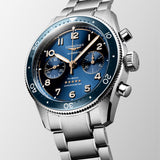 Three-quarter angle view of the Longines Spirit Flyback Automatic Chronograph Men's 42mm Watch L3.821.4.93.6, showing the case profile, screw-down crown and single chronograph pusher. The angle highlights the bi-directional rotating bezel with ceramic insert.