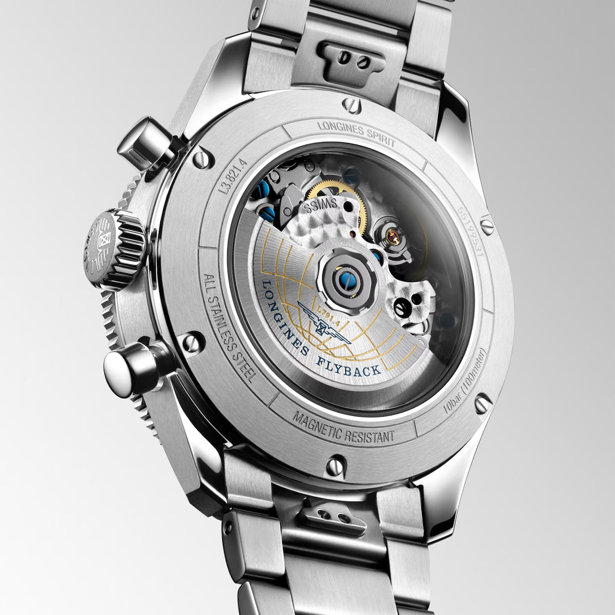 Back view of the Longines Spirit Flyback Automatic Chronograph Men's 42mm Watch L3.821.4.93.6, showing its sapphire crystal case back secured with six screws. The case back shows the exclusive L791 automatic flyback chronograph movement, which is COSC-certified as a chronometer.