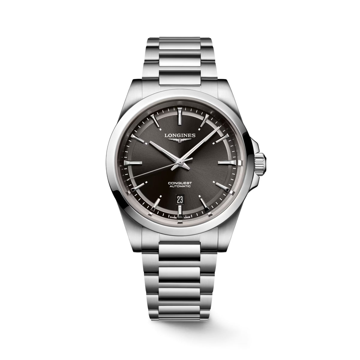 Front view of the Longines Conquest Men’s 41mm Automatic Watch L3.830.4.52.6, showing its sunray black dial with luminous hour markers and date window. The round stainless steel case is paired with a matching stainless steel bracelet for a sporty, everyday look.