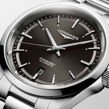 Close-up of the sunray black dial on the Longines Conquest Men’s 41mm Automatic Watch L3.830.4.52.6, showing the hour markers, hands and date window. The Super-LumiNova details sit beneath scratch-resistant sapphire crystal with anti-reflective coating on both sides.