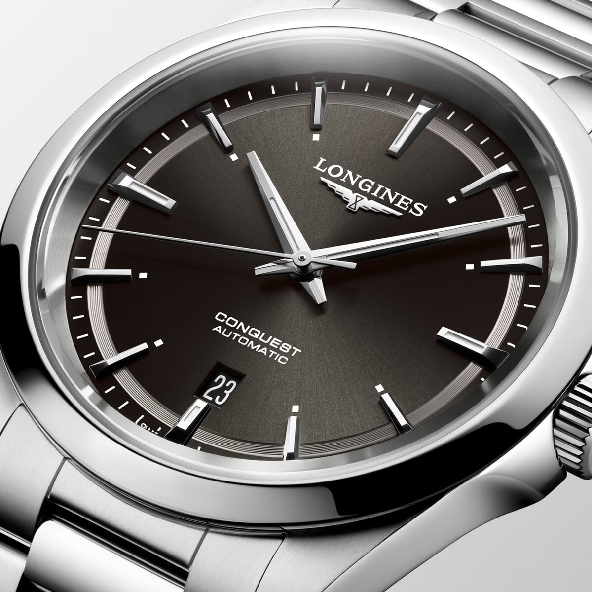 Close-up of the sunray black dial on the Longines Conquest Men’s 41mm Automatic Watch L3.830.4.52.6, showing the hour markers, hands and date window. The Super-LumiNova details sit beneath scratch-resistant sapphire crystal with anti-reflective coating on both sides.