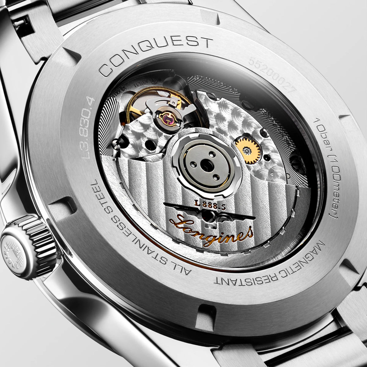 Back view of the Longines Conquest Men’s 41mm Automatic Watch L3.830.4.52.6, showing its sapphire crystal case back. The window shows the automatic movement with silicon balance spring, which gives the watch up to 72 hours of power reserve.
