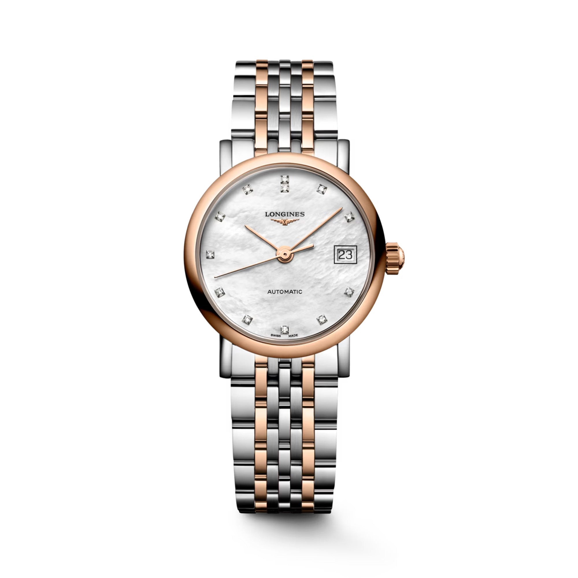 Longines Elegant Automatic women's watch L4.309.5.80.7, front view, white mother-of-pearl dial with rose gold and stainless steel bracelet. The 25.5mm case offers a delicate, feminine profile perfect for everyday elegance.