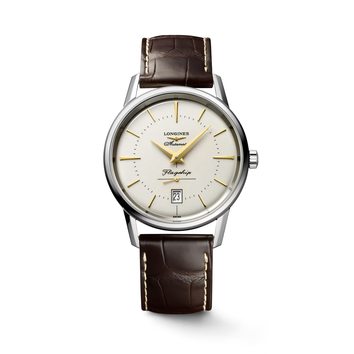 Front view of the Longines Heritage Flagship Automatic Men’s 38.5mm Watch L4.795.4.78.2, showing its silver dial with slim stick markers, dauphine hands and small seconds sub-dial. The round stainless steel case is paired with a leather strap for a classic vintage-inspired look.