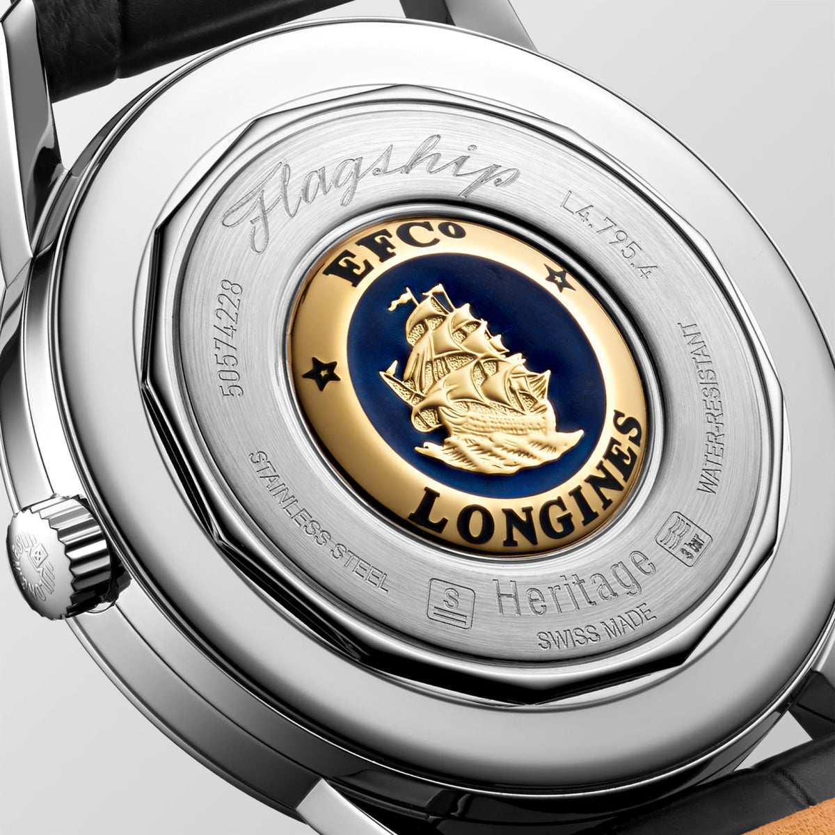 Back view of the Longines Heritage Flagship Automatic Men’s 38.5mm Watch L4.795.4.78.2, showing its solid stainless steel case back. The case houses the Longines L615 automatic movement and is water resistant to 30m.