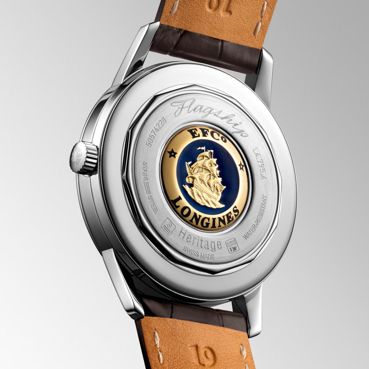 Rear view of the leather strap on the Longines Heritage Flagship Automatic Men’s 38.5mm Watch L4.795.4.78.2. The image shows the underside of the strap and how it attaches to the stainless steel case.