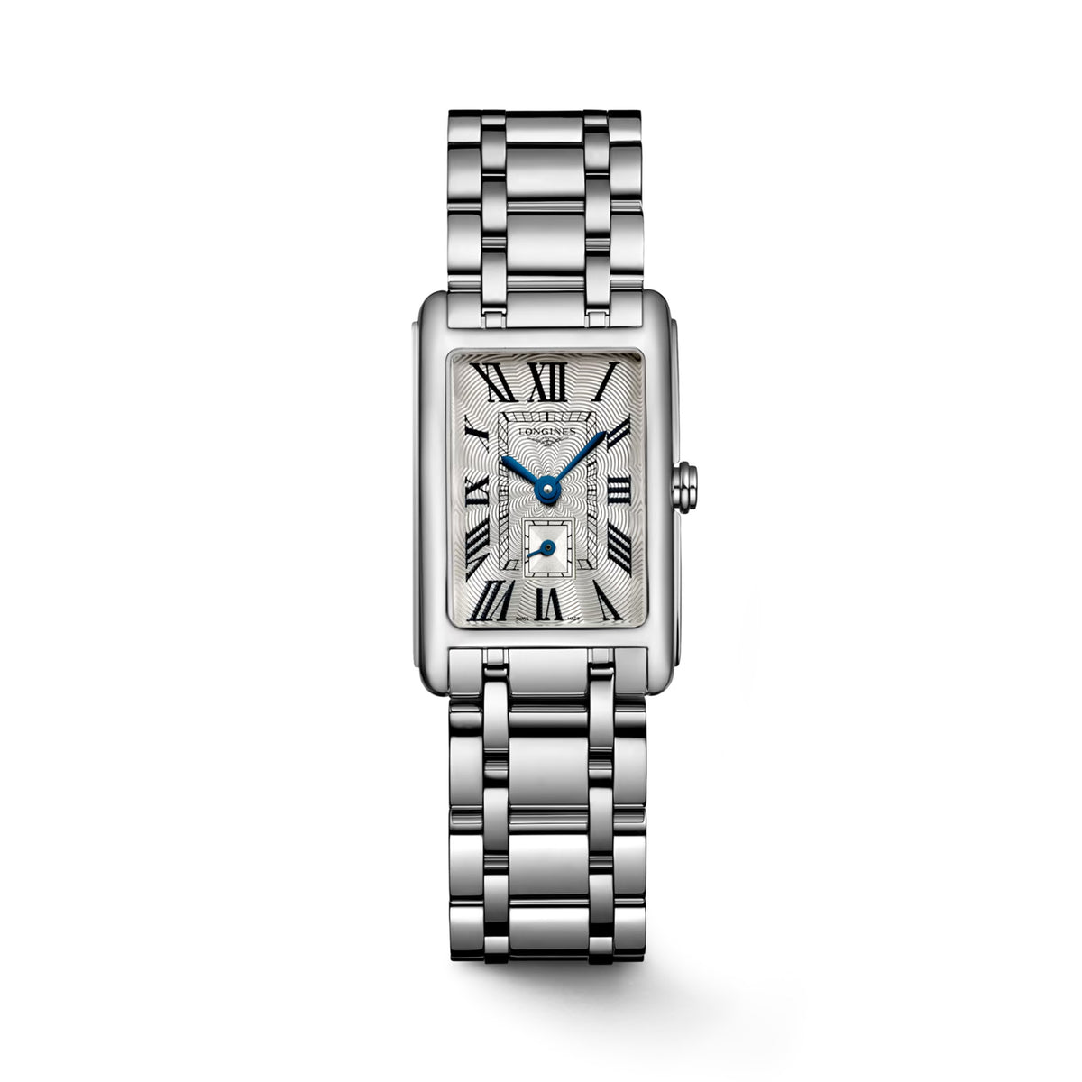 Front view of the Longines DolceVita Quartz Women’s 20.5 x 32mm Watch L5.255.4.71.6, showing its silver dial with black Roman numerals and small seconds at 6 o’clock. The rectangular stainless steel case is paired with a matching stainless steel bracelet.