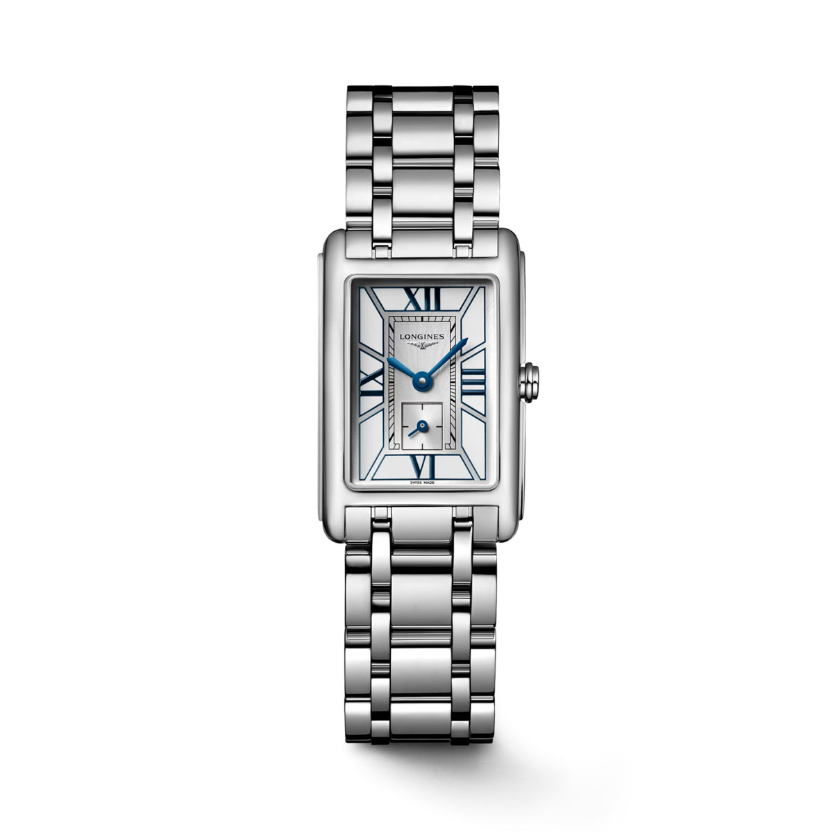 Front view of the Longines DolceVita Quartz Women’s 20.8 x 32mm Watch L5.255.4.75.6, showing its two-tone white and silver dial with Roman numerals and small seconds at 6 o’clock. The rectangular stainless steel case is paired with a matching stainless steel bracelet.