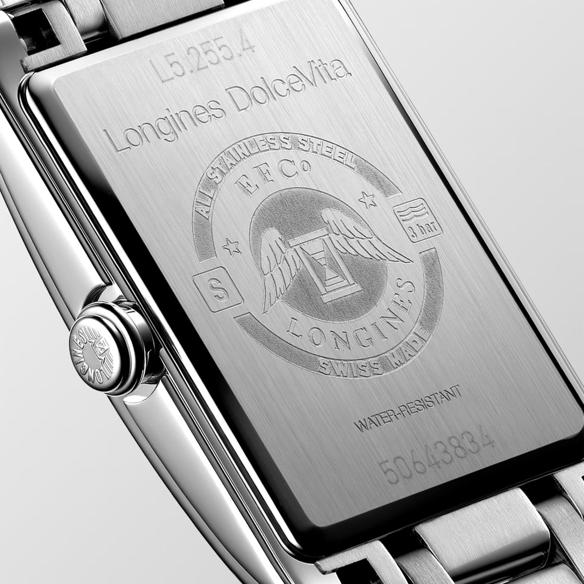 Back view of the Longines DolceVita Quartz Women’s 20.8 x 32mm Watch L5.255.4.75.6, showing its solid stainless steel case back. The case houses a Swiss quartz movement and is water resistant to 30m.