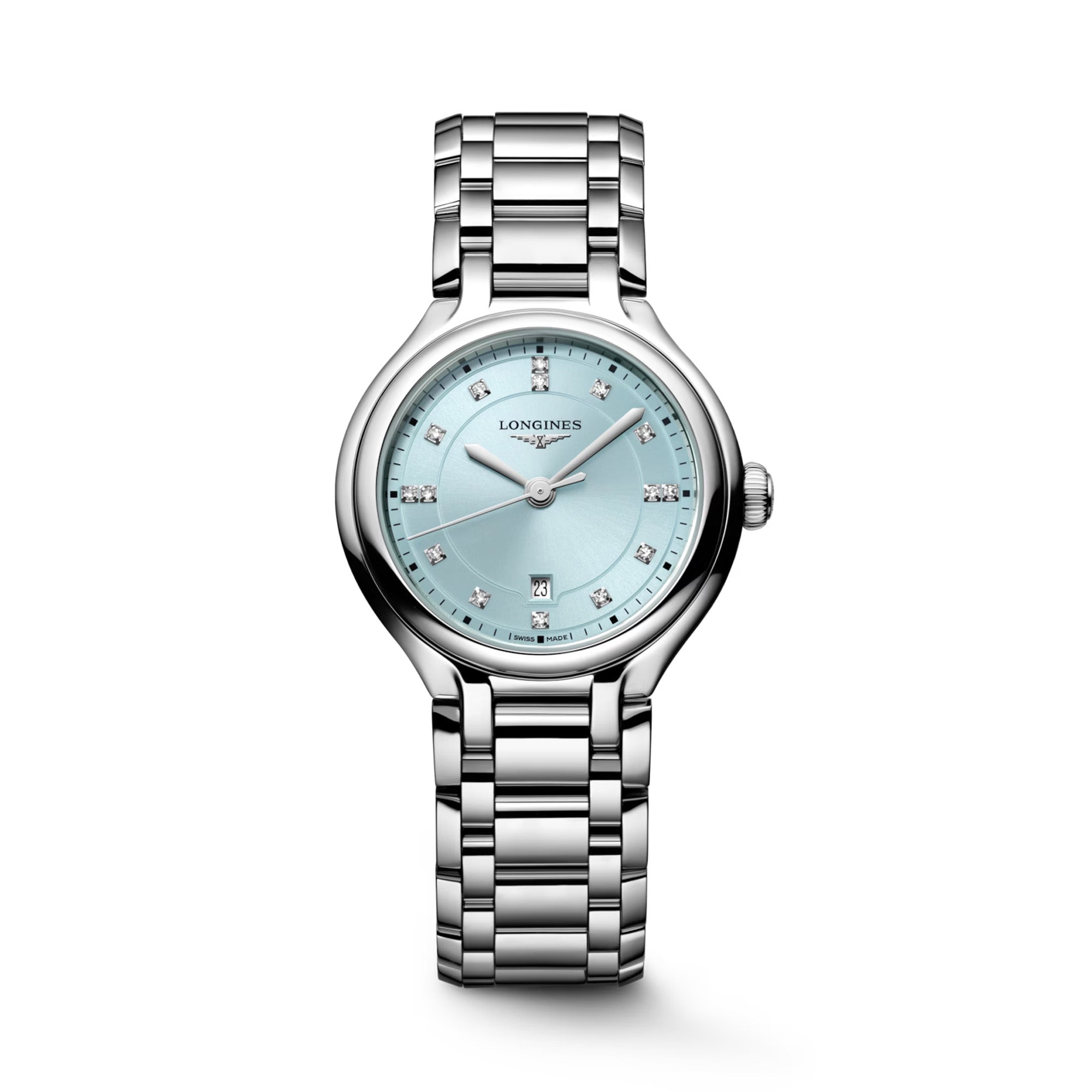 Longines PrimaLuna women’s watch featuring a polished stainless steel bracelet and 30mm round case, with a mint blue sunray dial accented by diamond hour markers, silver-tone hands, date display, and scratch-resistant sapphire crystal. Elegant Swiss luxury timepiece with refined feminine styling.