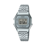 Front-on view of the Casio Vintage Silver Plated Quartz Watch LA680WA-7D, in a silver stainless steel-plated case with a white digital dial. The round case shape and classic digital display are clearly visible from this straight-on angle.