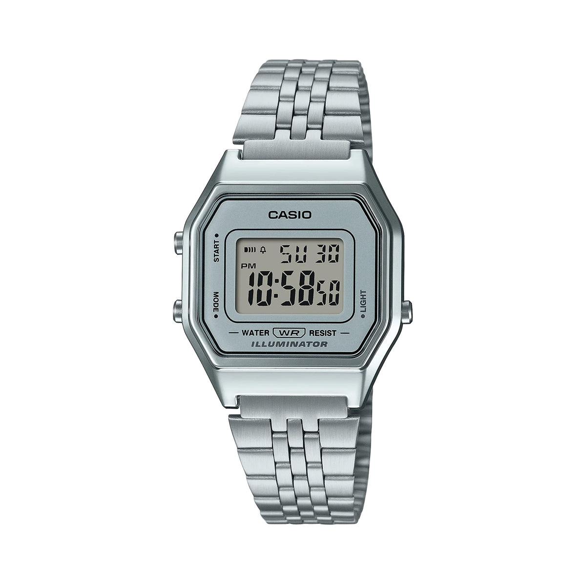 Front-on view of the Casio Vintage Silver Plated Quartz Watch LA680WA-7D, in a silver stainless steel-plated case with a white digital dial. The round case shape and classic digital display are clearly visible from this straight-on angle.