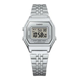 Close-up of the digital display on the Casio Vintage Silver Plated Quartz Watch LA680WA-7D, showing the time, date and stopwatch functions against the white dial. The silver stainless steel-plated case finish is shown in detail.