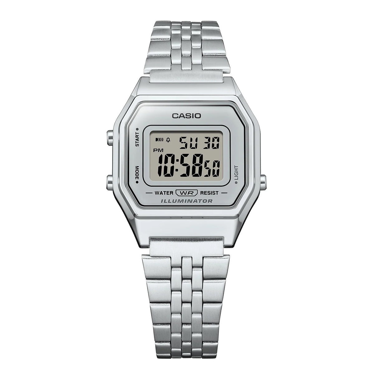 Close-up of the digital display on the Casio Vintage Silver Plated Quartz Watch LA680WA-7D, showing the time, date and stopwatch functions against the white dial. The silver stainless steel-plated case finish is shown in detail.