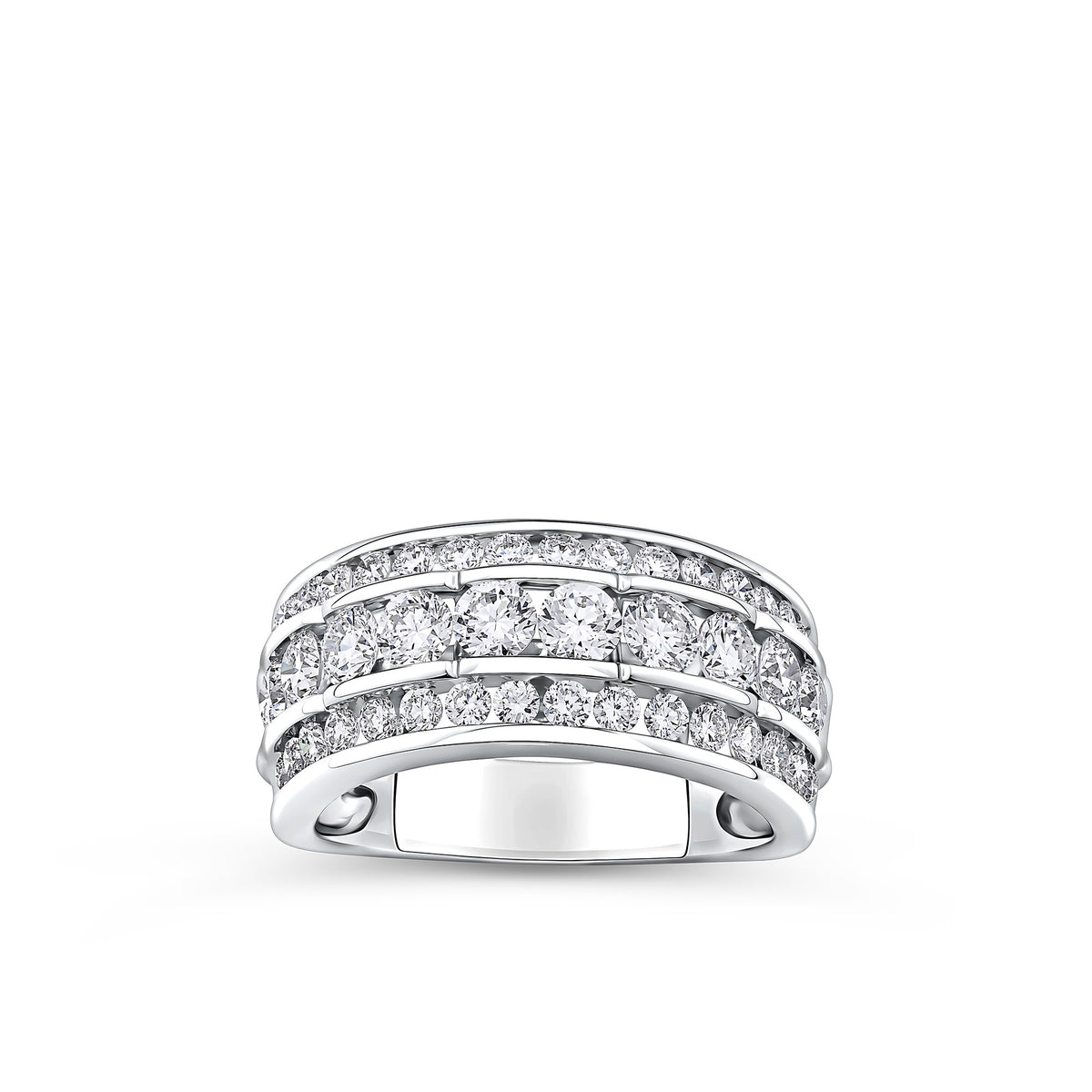 Front-on view of the Wallace Bishop 2.00 TDW Round Lab-Grown Diamond Ring in Sterling Silver, reference LG200RGSSO. The ring features three rows of channel-set round lab-grown diamonds across the front of the finger.