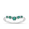 Front-on view of the Wallace Bishop 0.04 TDW Created Emerald & Lab-Grown Diamond Chevron Ring in Sterling Silver, on a smooth polished band. The ring features five graduated round created emeralds with four round lab-grown diamonds set between them in a curved chevron shape.