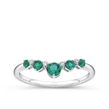 Front-on view of the Wallace Bishop 0.04 TDW Created Emerald & Lab-Grown Diamond Chevron Ring in Sterling Silver, on a smooth polished band. The ring features five graduated round created emeralds with four round lab-grown diamonds set between them in a curved chevron shape.