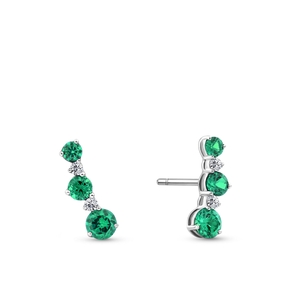 Front-on view of the Wallace Bishop 0.04 TDW Created Emerald & Lab-Grown Diamond Chevron Climber Earrings in Sterling Silver, reference LG33EME04, secured with butterfly backs. Each climber-style earring features three round created emeralds with a small round lab-grown diamond set between each pair.
