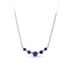 Front-on view of the Wallace Bishop 0.04 TDW Created Sapphire & Lab-Grown Diamond Chevron Pendant in Sterling Silver, reference LG34SAP03, on a cable chain with a parrot clasp. The pendant features a chevron-style row of claw-set round created dark blue sapphires with small round lab-grown diamonds between them, with the largest sapphire at the centre.