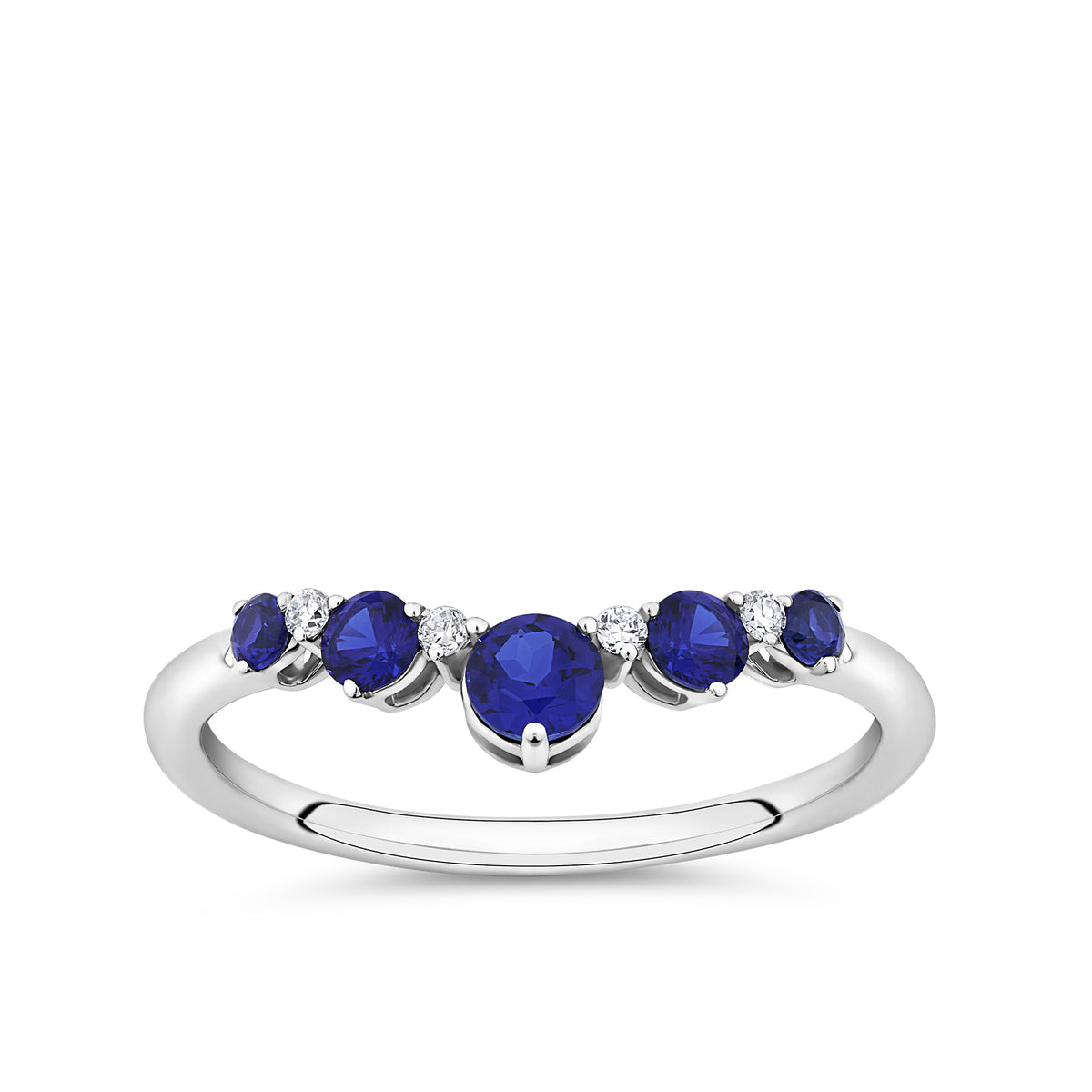 Front-on view of the Wallace Bishop 0.04 TDW Created Sapphire & Lab-Grown Diamond Chevron Ring in Sterling Silver, reference LG38SAP02O, on a smooth polished band. The ring features five round created dark blue sapphires in a curved chevron V shape, with four claw-set round lab-grown diamonds set between them.
