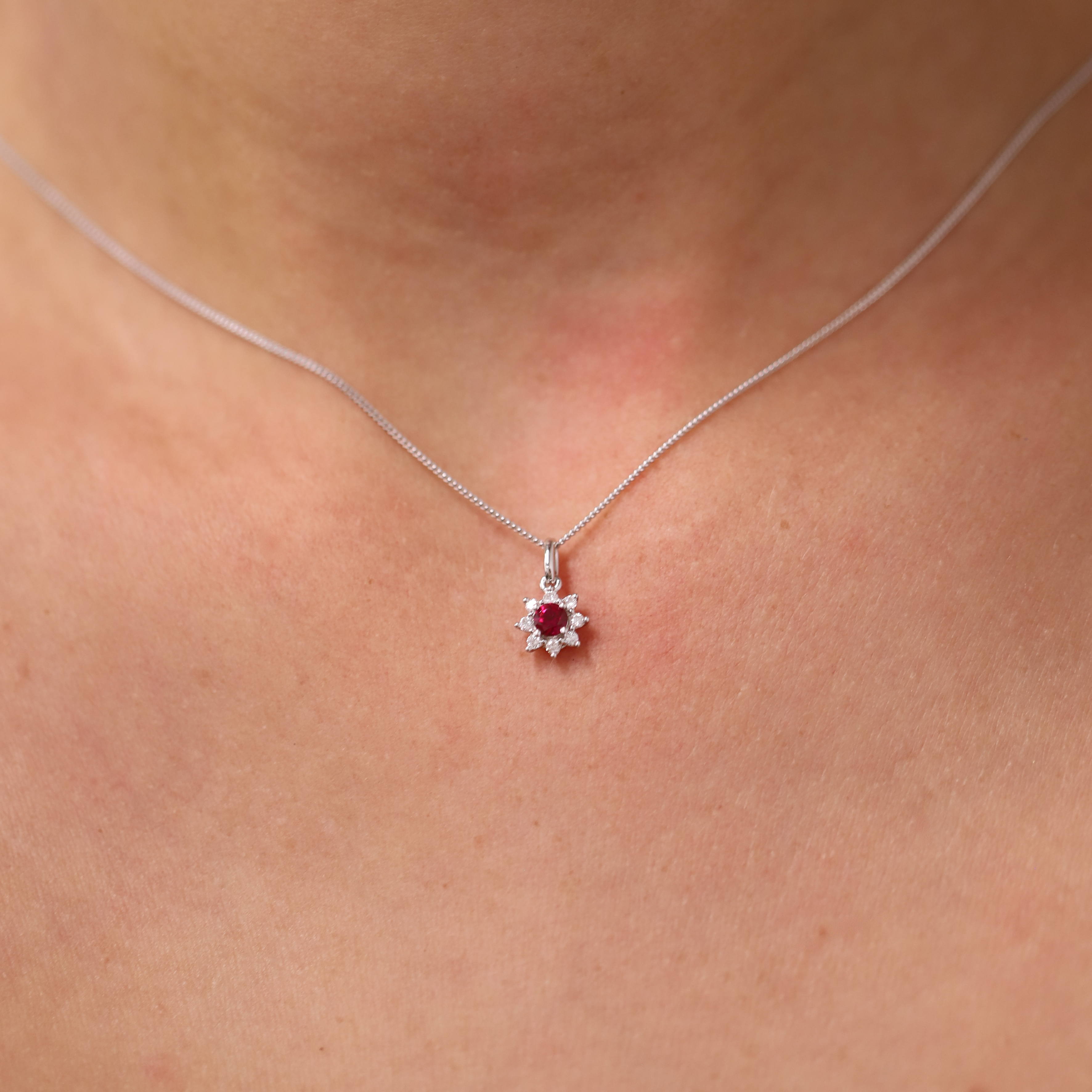 Lab-Grown Ruby & 0.30ct TDW Lab-Grown Diamond Halo Pendant and Earrings Set in Sterling Silver