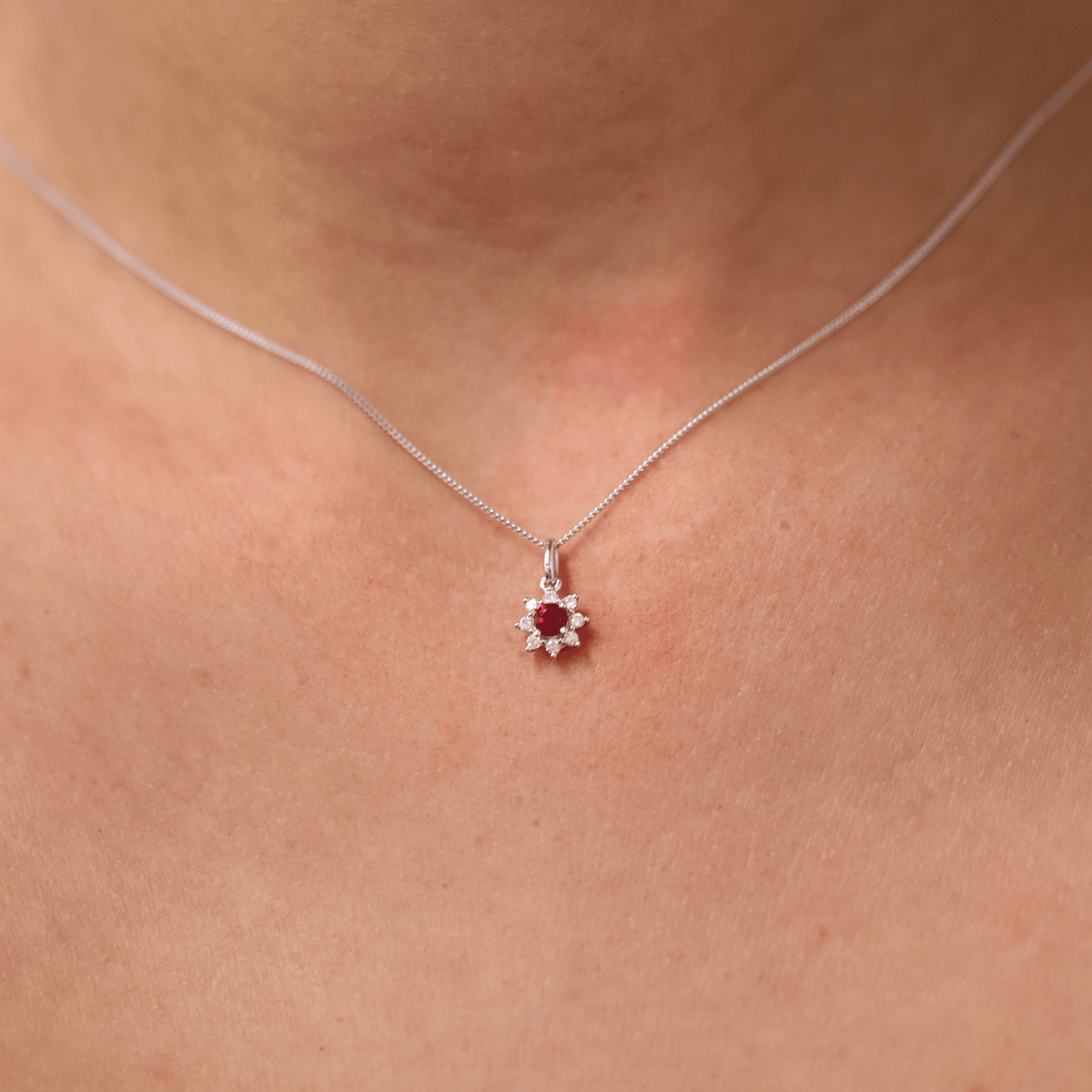 Created Ruby & 0.30ct TDW Lab-Grown Diamond Halo Pendant and Earrings Set in Sterling Silver