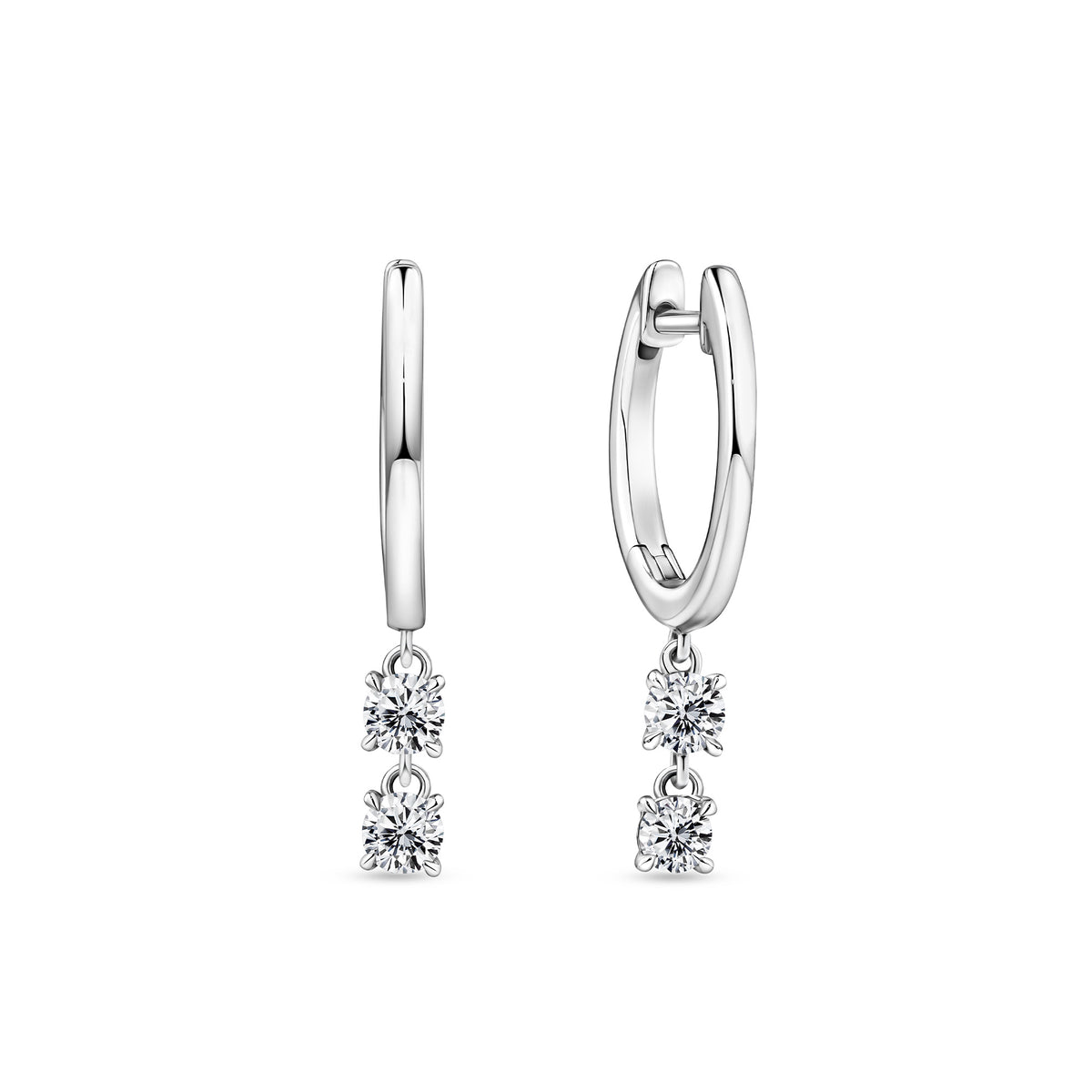 Front-on view of the Wallace Bishop 0.40 TDW Round Lab-Grown Diamond Drop Hoop Earrings in Sterling Silver, reference LGERSS08, with a hinged clasp. Each polished hoop has two claw-set round lab-grown diamonds hanging one above the other.