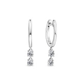 Front-on view of the Wallace Bishop 0.40 TDW Round Lab-Grown Diamond Drop Hoop Earrings in Sterling Silver, reference LGERSS08, with a hinged clasp. Each polished hoop has two claw-set round lab-grown diamonds hanging one above the other.