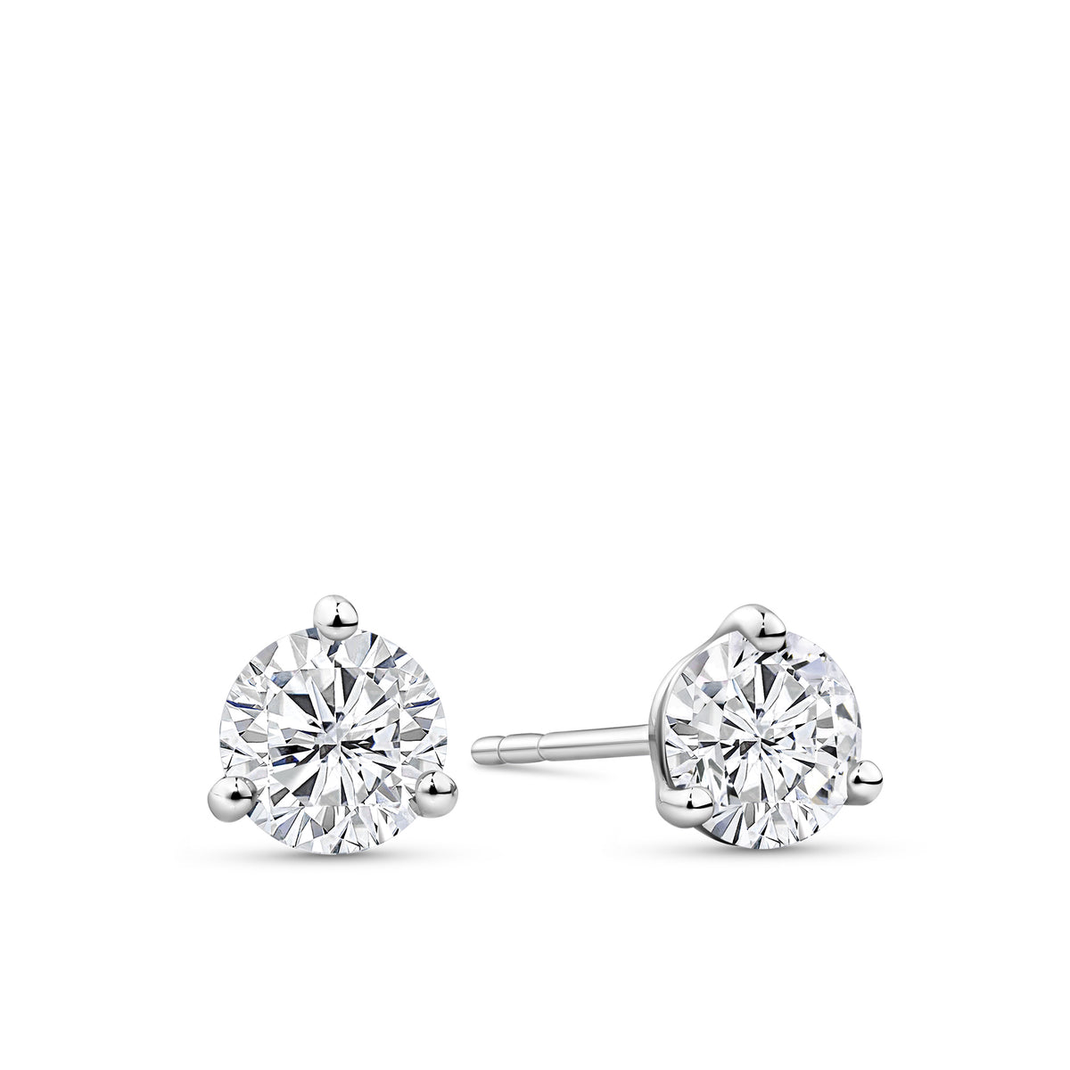 Front-on view of the Wallace Bishop 1.00 TDW Round Lab-Grown Diamond Solitaire Stud Earrings in Sterling Silver, reference LGERSS100, secured with butterfly backs. Each earring features a 0.50 carat round lab-grown diamond in a three-claw setting on polished sterling silver.