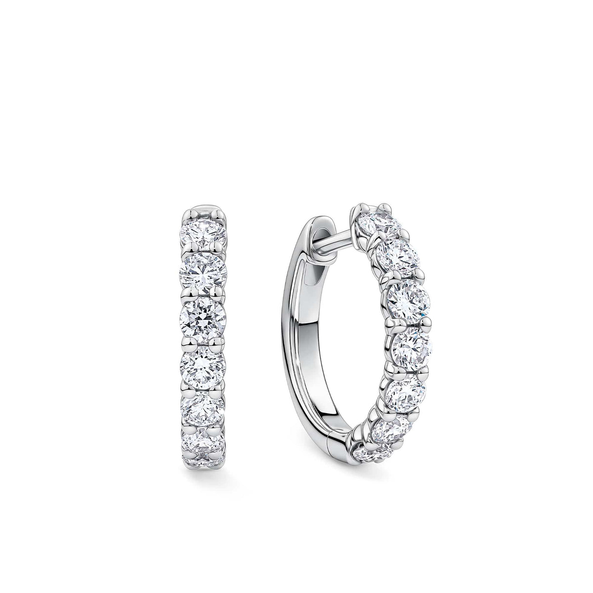 1.00ct TW Lab-Grown Diamond Huggie Earrings in Sterling Silver, photographed front on against a plain background. Each 16.3mm huggie earring features 7 individually set round lab-grown diamonds.