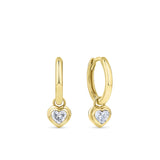 Front-on view of the Wallace Bishop 0.30ct TDW Heart Lab-Grown Diamond Double Bezel Drop Earrings in 9ct Yellow Gold, reference LGHUGH30. Each earring features two heart-shaped lab-grown diamonds in a bezel setting, creating a layered drop effect in warm yellow gold.
