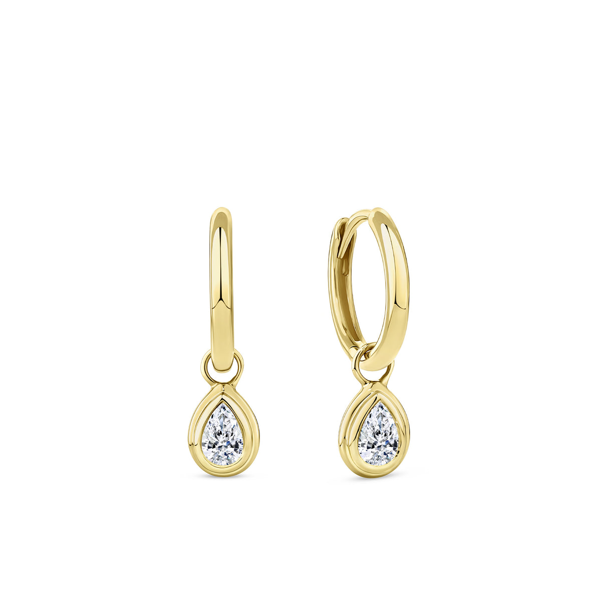 Front-on view of the Wallace Bishop 0.30ct TDW Pear-Cut Lab-Grown Diamond Double Bezel Drop Earrings in 9ct Yellow Gold, reference LGHUGP30. Each earring features two pear-cut lab-grown diamonds in a bezel setting, creating a layered drop effect in warm yellow gold.