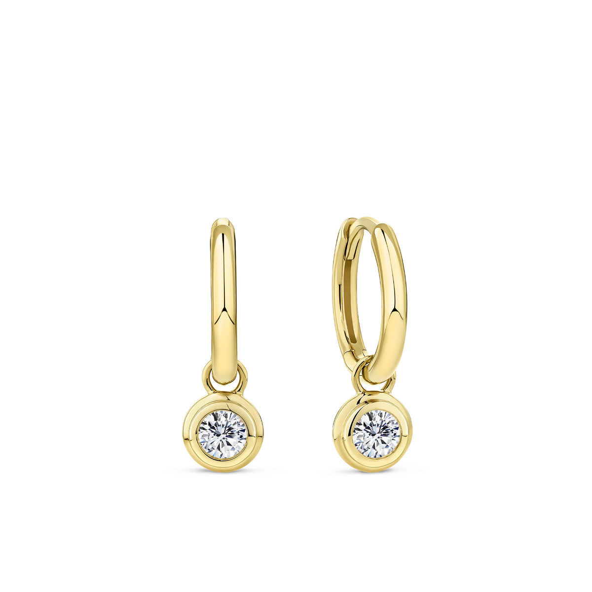 Front-on view of the Wallace Bishop 0.30ct TDW Round Lab-Grown Diamond Double Bezel Drop Earrings in 9ct Yellow Gold, reference LGHUGR30. Each earring features two round brilliant cut lab-grown diamonds in a bezel setting, creating a layered drop effect in warm yellow gold.
