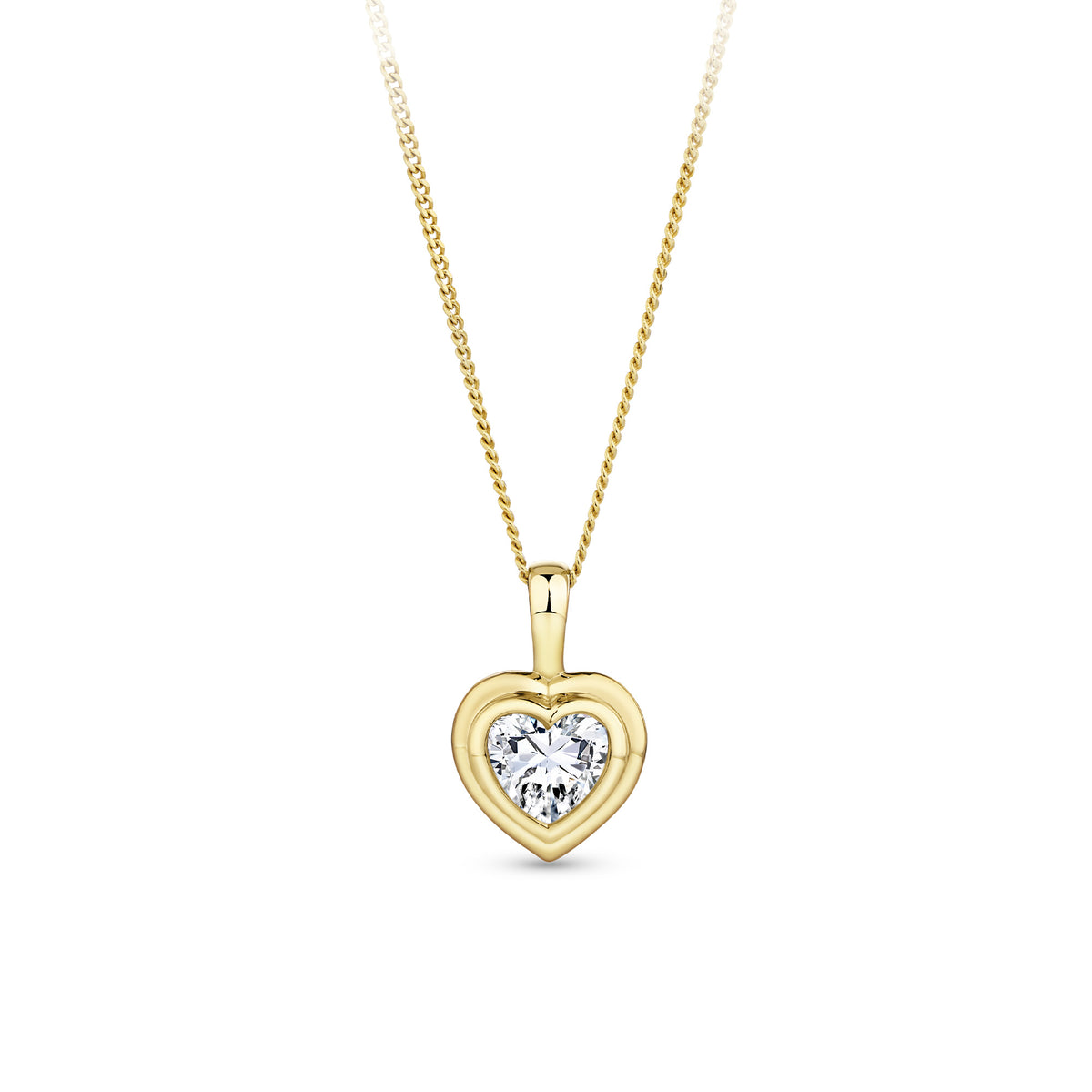 Front-on view of the Wallace Bishop 0.30 TDW Heart Lab-Grown Diamond Double Bezel Pendant in 9ct Yellow Gold, reference LGNDBH30. The polished gold pendant features a single heart-shaped lab-grown diamond in a double bezel setting, with a small bale at the top.