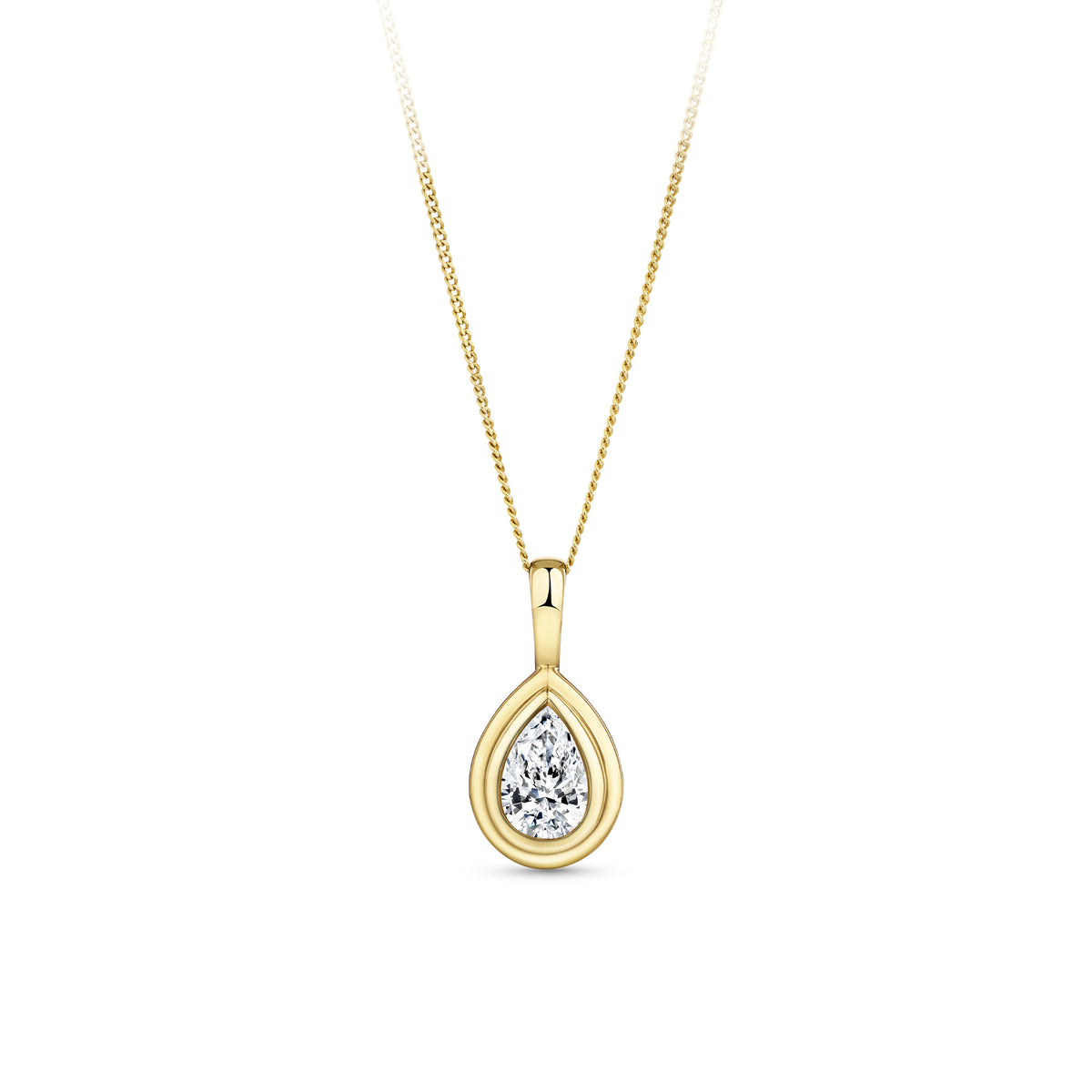 Front-on view of the Wallace Bishop 0.30 TDW Pear-Cut Lab-Grown Diamond Double Bezel Pendant in 9ct Yellow Gold, reference LGNDBP30. The polished gold pendant features a single pear-cut lab-grown diamond in a double bezel setting, with a small bale at the top.