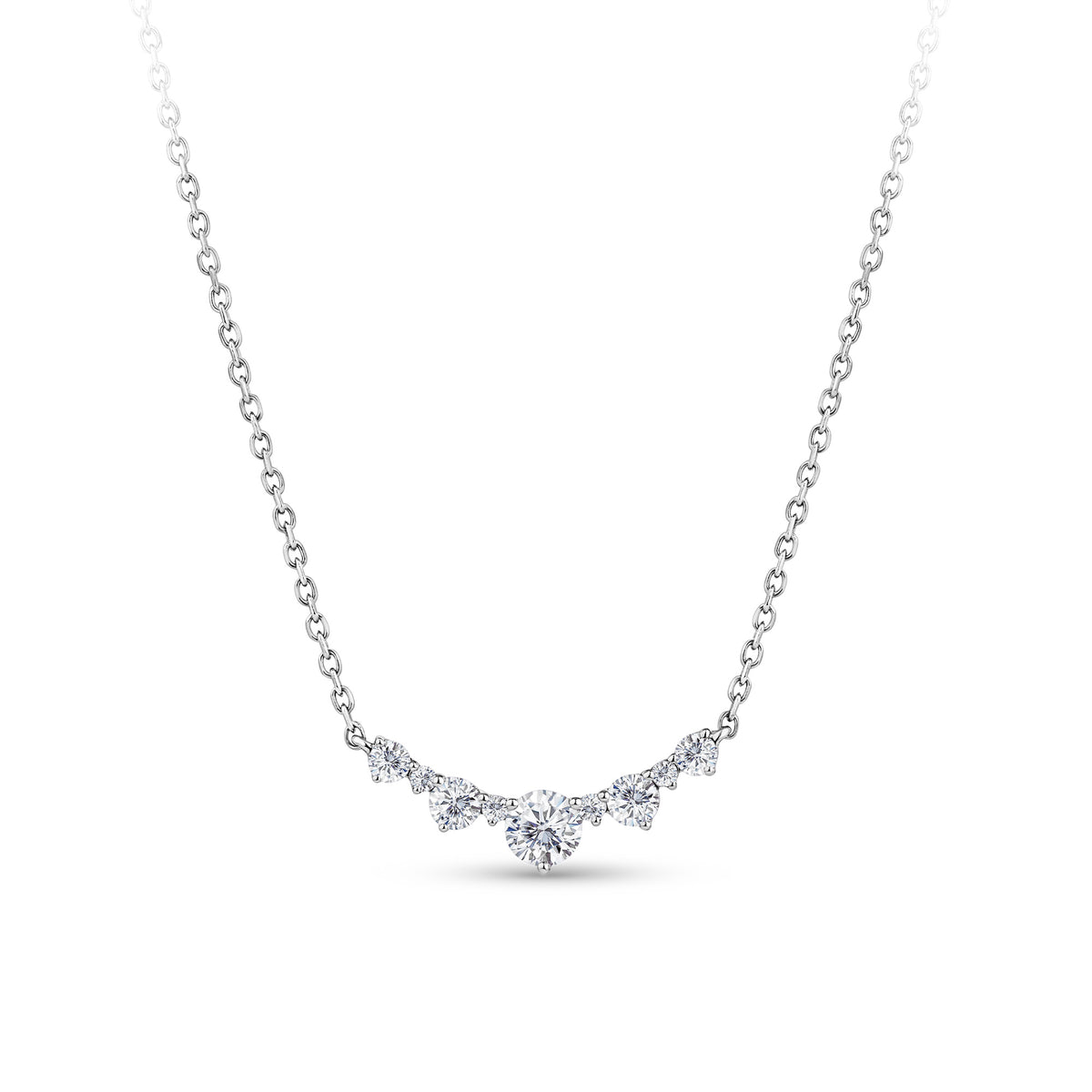 Front-on view of the Wallace Bishop 0.40 TDW Round Lab-Grown Diamond Necklace in Sterling Silver, reference LGNK040SS, on a cable chain. The necklace features a chevron-style row of claw-set round lab-grown diamonds, with the largest diamond at the centre.
