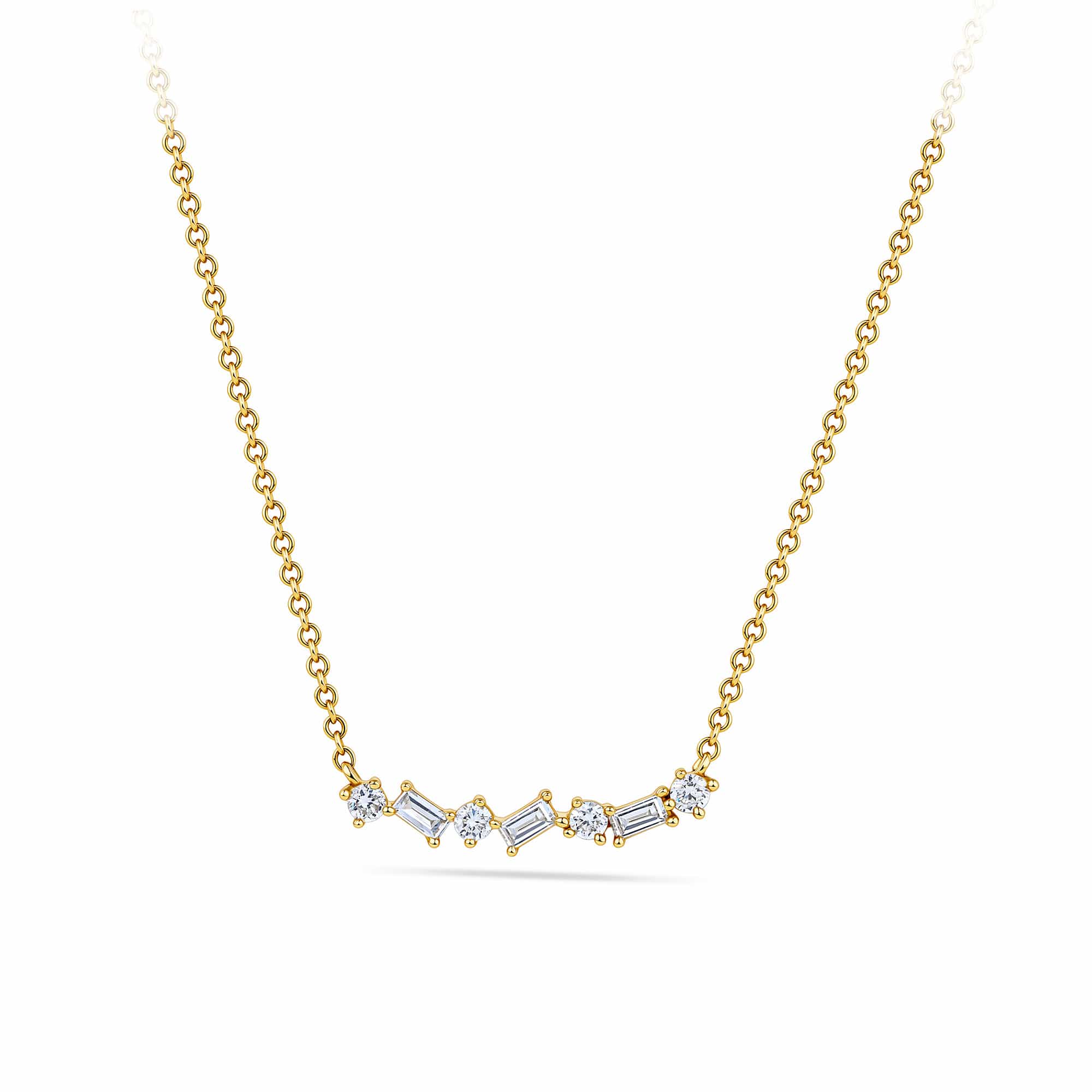 0.15ct TW Lab-Grown Diamond Scatter Necklace in 9ct Yellow Gold, photographed front on against a plain background. The pendant features a scattered mix of round brilliant and baguette cut lab-grown diamonds on a fine chain.