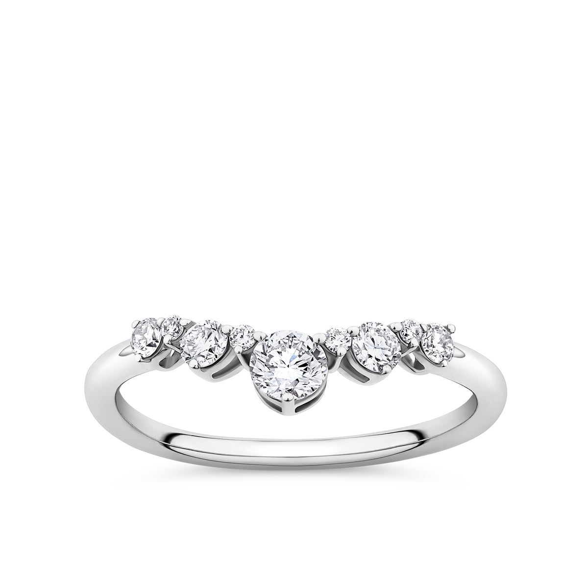 Front-on view of the Wallace Bishop 0.40 TDW Round Lab-Grown Diamond Ring in Sterling Silver, reference LGRG040SSO, on a smooth polished band. The ring features nine claw-set round lab-grown diamonds arranged in a chevron V shape, with the largest diamond at the centre.