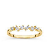 0.18ct TW Lab-Grown Diamond Scatter Ring in 9ct Yellow Gold, photographed front on against a plain background. The band features a scattered mix of round brilliant and baguette cut lab-grown diamonds.