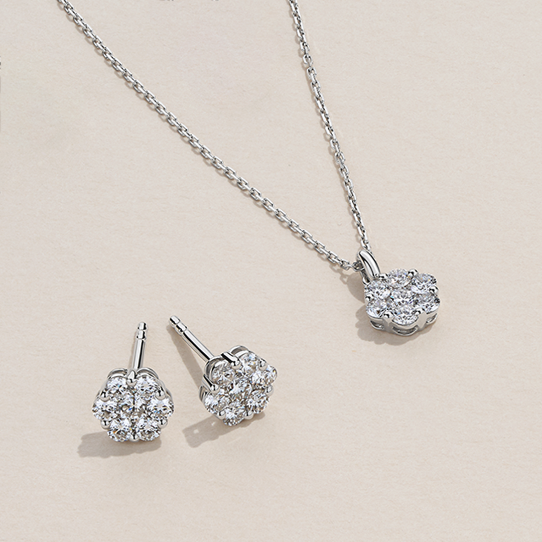 0.77ct TW Cluster Lab-Grown Diamond Pendant and Earrings Set in 9ct White Gold