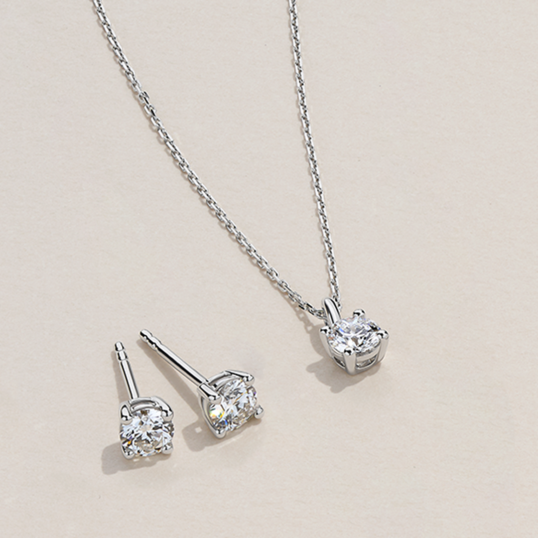0.75ct TW Round Brilliant Cut Lab-Grown Diamond Pendant and Earrings Set in 9ct White Gold