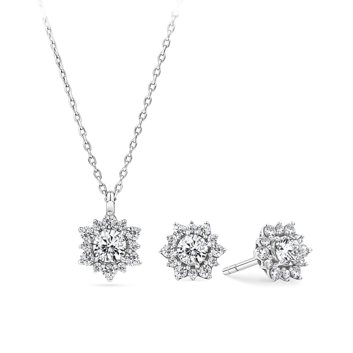 The Wallace Bishop 1.00ct TDW Round Lab-Grown Diamond Pendant & Earring Set in Sterling Silver, reference LGSET005SS, shown together as a matching pendant and earring set. Both pieces feature round brilliant cut lab-grown diamonds set in sterling silver, designed to be worn together as a coordinated jewellery set.